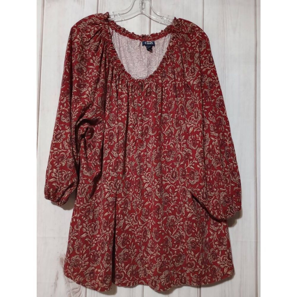 Chaps Shirt Ladies 2x Red Floral Off The Shoulder Balloon Sleeve Boho Soft Comfo